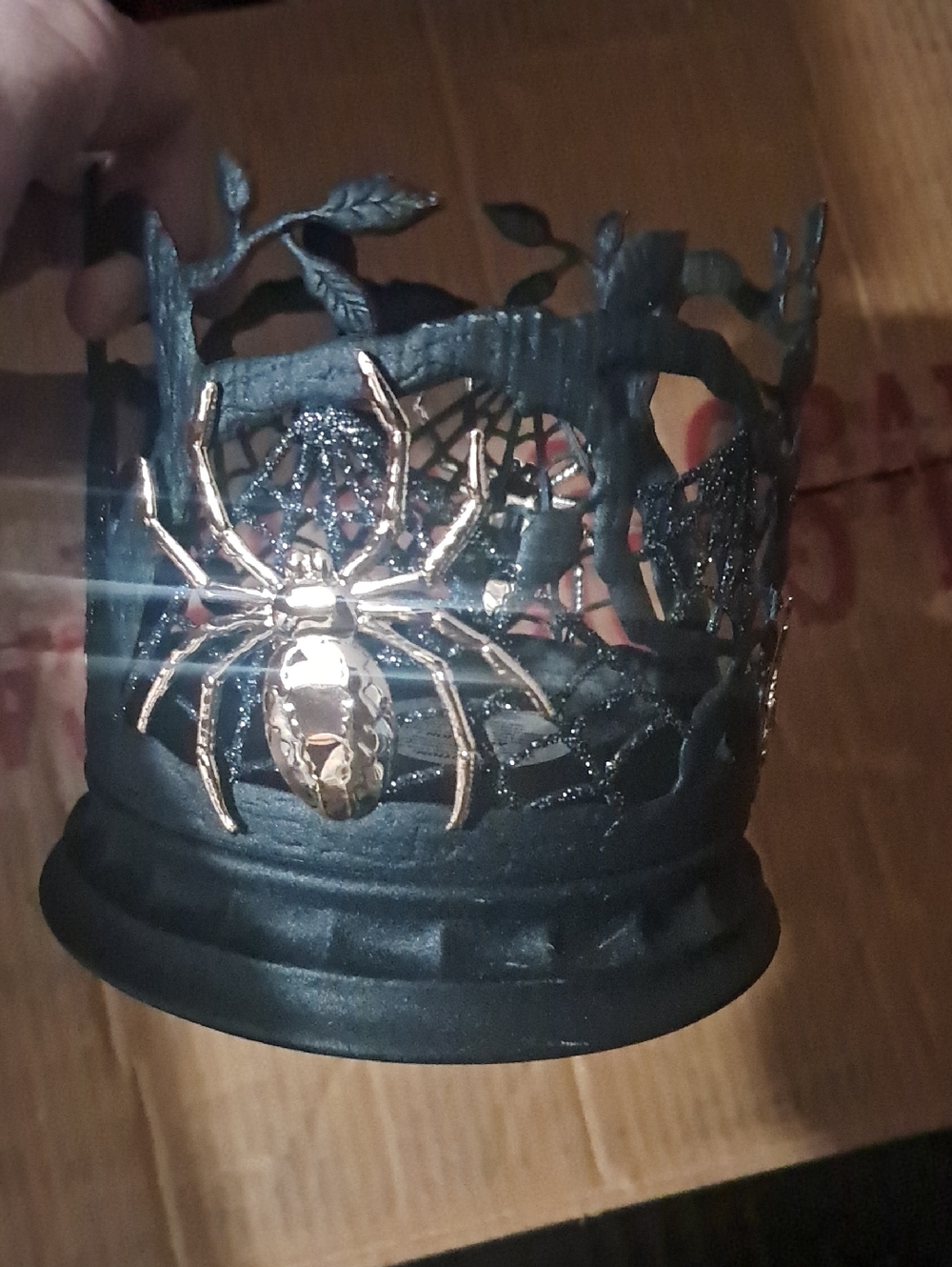Black Halloween Spider Candle Holder with Gold Spider Accent
